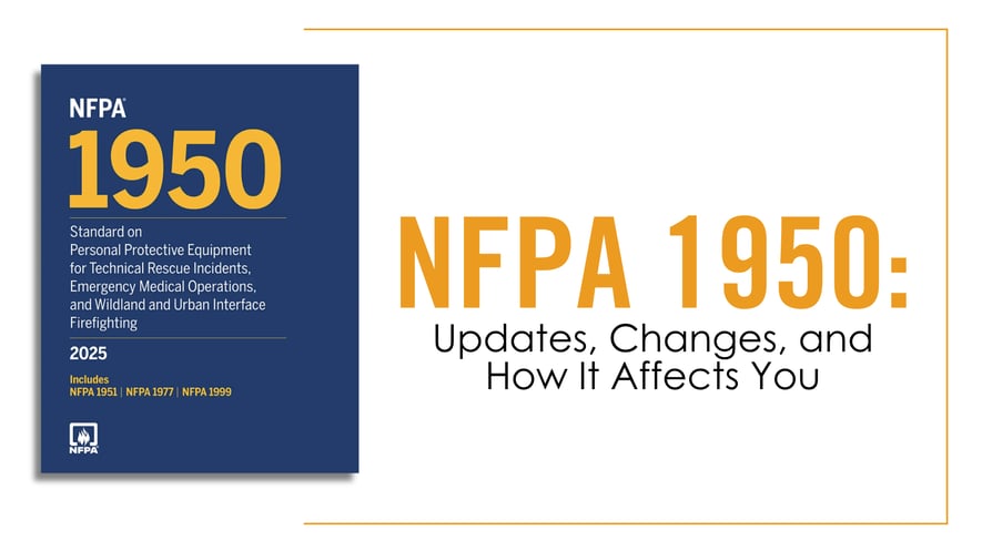 Yellow and black text on white and blue background explaining the new NFPA 1950 standard.